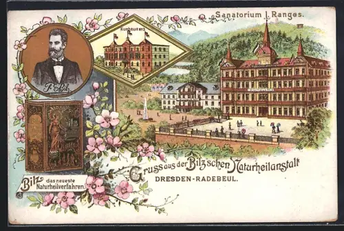 Lithographie Radebeul, Bilz`sche Naturheilanstalt, Kurhaus, Portrait