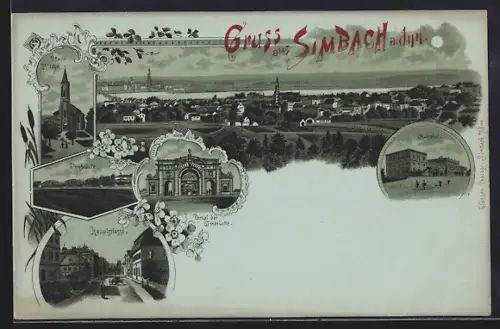 Mondschein-Lithographie Simbach a. Inn, Hauptstrasse, Bahnhof, Portal der Innbrücke, Pfarrkirche