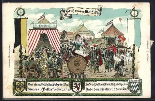 Lithographie Passau, Volksfest Maibock, Brauereri, Riesen-Krokodil