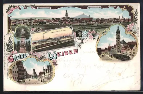 Lithographie Weiden / Oberpfalz, Totalansicht, Oberer Markt, Centralwerkstätte