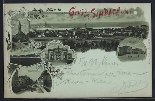 Mondschein-Lithographie Simbach a. Inn, Hauptstrasse, Bahnhof, Ortspanorama, Pfarrkirche