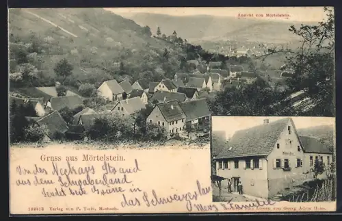 AK Mörtelstein, Gasthaus zum Löwen von Georg Adam Heiss, Ortsansicht aus der Vogelschau