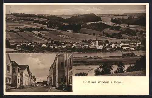 AK Windorf a. Donau, Strassenpartie im Ort, Donaupartie mit Blick auf den Ort