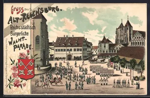Lithographie Regensburg, Reichsstädtisch Bürgerliche Wachtparade, Stadtwappen