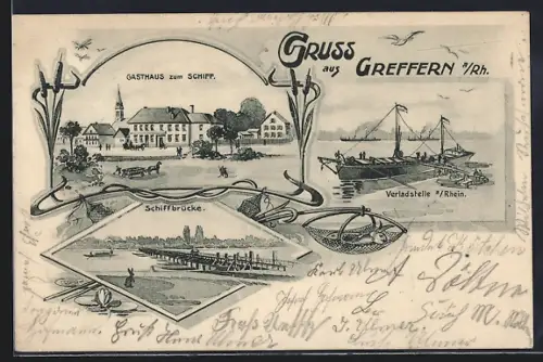 AK Greffern a. Rh., Gasthaus zum Schiff, Schiffbrücke, Verladstelle a. Rhein
