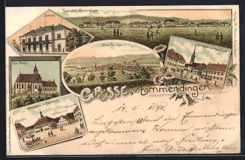 Lithographie Emmendingen, Heilanstalt, Bahnhof, Kath. Kirche, Marktplatz mit Rathaus