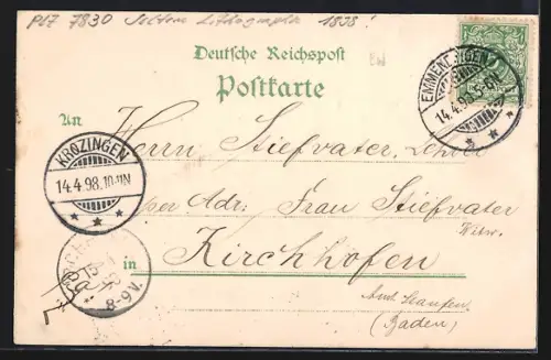 Lithographie Emmendingen, Heilanstalt, Bahnhof, Kath. Kirche, Marktplatz mit Rathaus