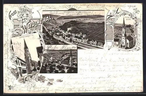 Lithographie Weidenthal, Kath. Kirche, Totalansicht, Evangl. Kirche