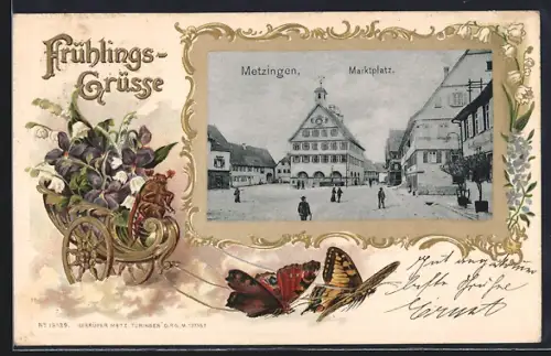 Passepartout-Lithographie Metzingen / Württ., Marktplatz, Schmetterlinge ziehen Blumenwagen