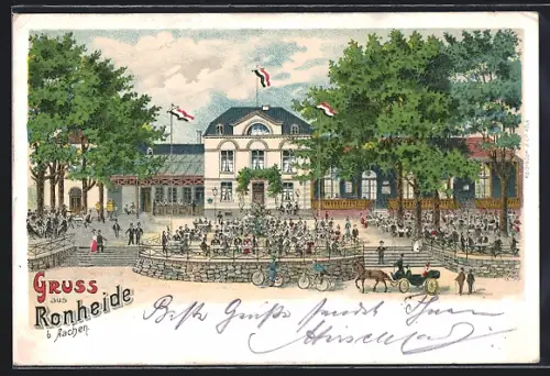 Lithographie Aachen, Gasthaus Ronheide von H. Gehrke mit Gästen, Frontansicht