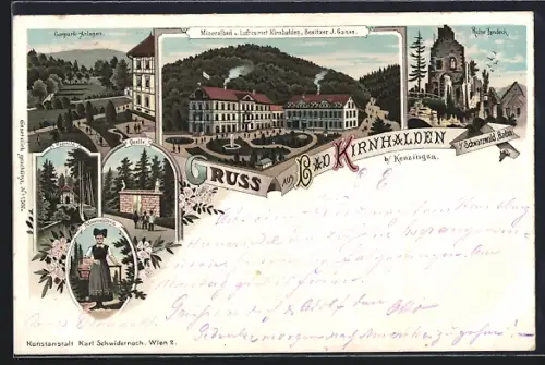 Lithographie Bad Kirnhalden, Kurhotel von J. Ganss, Ruine Landeck, Quelle