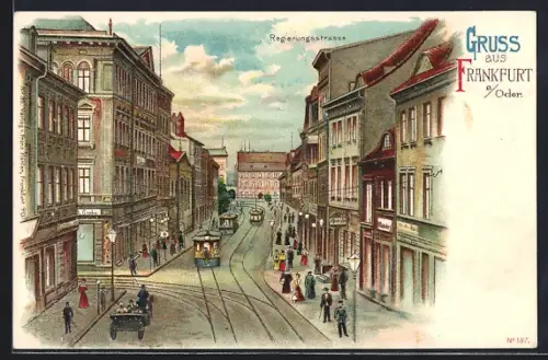 Lithographie Frankfurt a. Oder, Regierungsstrasse mit Strassenbahn, mit leuchtenden Laternen
