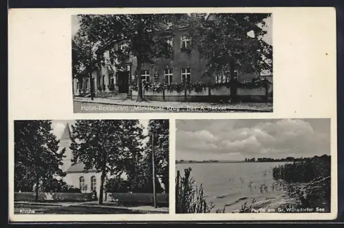 AK Wünsdorf, Hotel-Restaurant Märkischer Krug von A. Becker, Partie am Gr. Wünsdorfer See, Kirche