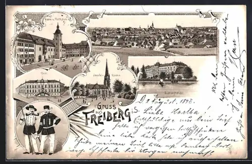 Lithographie Freiberg / Sachsen, Post, Jacobi-Kirche, Markt und Rathaus, 6 Ansichten