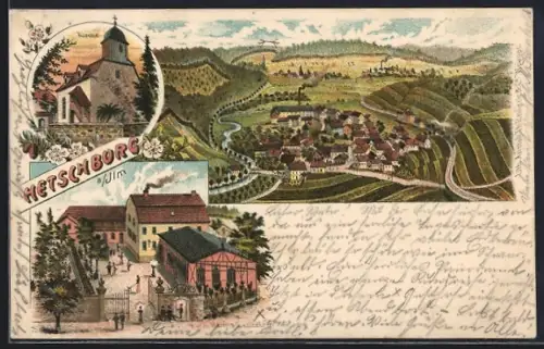 Lithographie Hetschburg a. Ilm, Hertel`s Gasthof, Kirche, Gesamtansicht