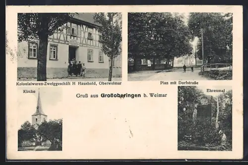 AK Grossobringen, Kolonialwaren-Zweiggeschäft H. Haushold, Plan mit Dorfstrasse, Ehrenmal, Kirche