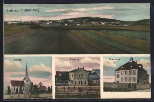 AK Grosssteinberg, Bahnhof, Kirche, Schule, Totalansicht