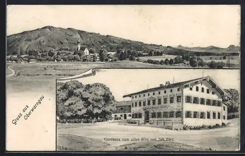 AK Oberwarngau, Gasthaus zum alten Wirt v. Joh. Ehrl, Ortsansicht aus der Vogelschau