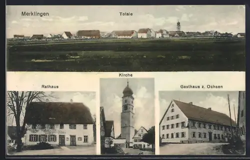AK Merklingen / Blaubeuren, Gasthaus z. Ochsen, Rathaus, Kirche, Totalansicht mit Feldern