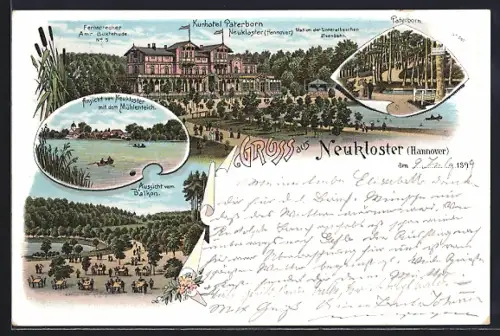 Lithographie Neukloster / Hann., Kurhotel Paterborn, Aussicht vom Balkon