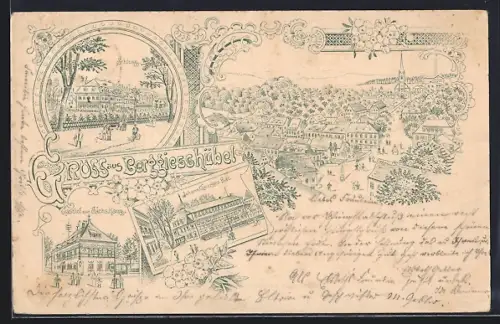 Lithographie Berggiesshübel, Gasthof zum Sächs. Haus, Johann-Georgen-Bad, Schloss