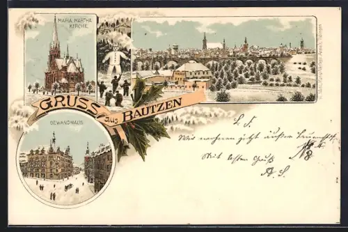 Winter-Lithographie Bautzen, Gewandhaus, Maria Martha-Kirche, Ortsansicht