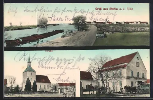 AK Stehla a. d. Elbe, Restauration mit Bierkutsche Brauerei Riebeck & Co., Kirche
