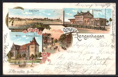Lithographie Langenhagen, Bahnhof, Kirche, Totalansicht