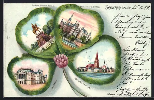 Passepartout-Lithographie Schwerin i. M., Hoftheater, Grossherzogl. Schloss, Pfaffenteich mit Dom, Kleeblatt