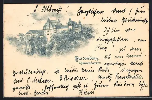 Lithographie Haidenburg /Niederbayern, Schloss aus der Vogelschau