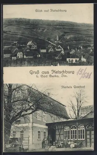 AK Hetschburg b. Bad Berka, Hertels Gasthof, Blick auf den Ort