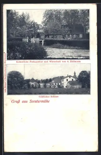 AK Seestermühe, Gasthaus von O. Hüllmann und Kaiserliche Postagentur, Gräfliches Schloss