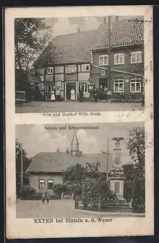 AK Exten bei Rinteln, Gasthof und Post von Wilh. Stock, Schule und Kriegerdenkmal