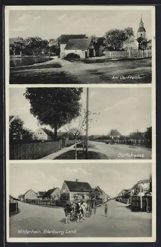 AK Wildenhain / Mockrehna, Dorfstrasse, Am Dorfteich, Kuhkarren auf der Strasse