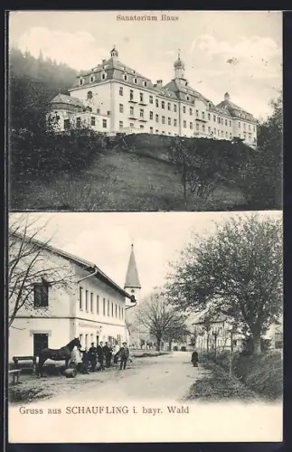 AK Schaufling i. bayr. Wald, Sanatorium Haus, Strassenpartie mit Blick zur Kirche
