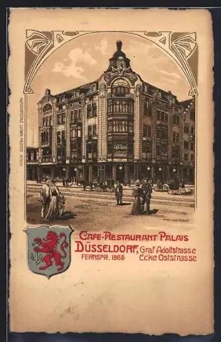 Künstler-AK Düsseldorf, Cafe-Restaurant Palais in der Graf Adolfstrasse