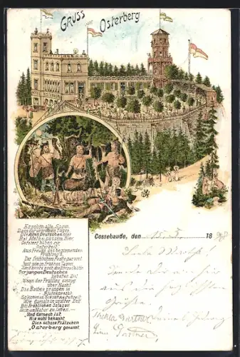 Lithographie Cossebaude, Gasthaus Osterberg aus der Vogelschau