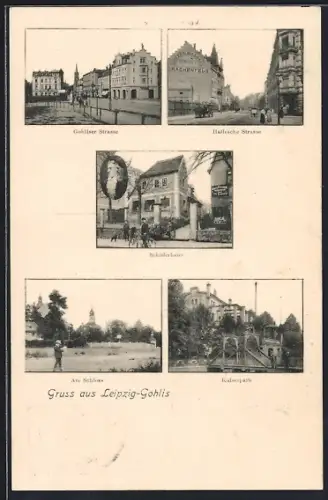 AK Leipzig-Gohlis, Kaiserpark, Hallesche Strasse mit Concert- und Ballhaus Schloss Drachenfels, Gohliser Strasse