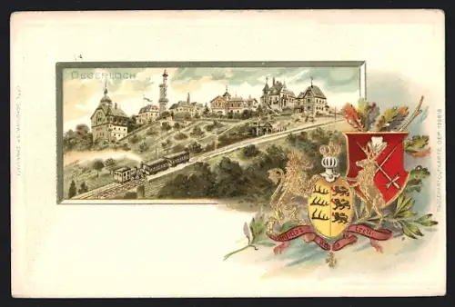 Passepartout-Lithographie Degerloch, Stadtblick und Wappen mit Eichenblättern & Goldverzierungen