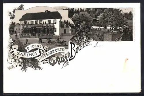 Lithographie Buchfart, Gasthof zum Burgschloss, Terrasse