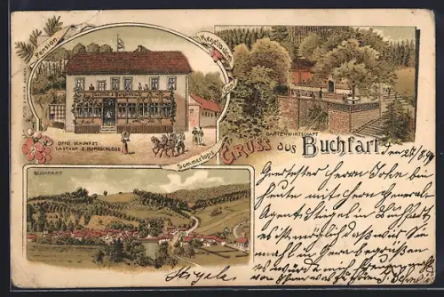 Lithographie Buchfart, Gasthof z. Burgschloss von Otto Schunke, Ortspanorama