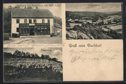 AK Buchfart, Gasthaus zum Burgschloss, Totalansicht, Felsenburg