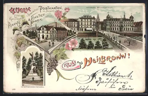 Lithographie Heilbronn, H. Volk Lithogr. Kunstanstalt, Plakate- & Etiketten Fabrik, Brücke und Post
