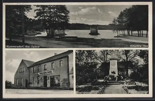 AK Kummersdorf /Teltow, Gasthof Huschka, Kriegerdenkmal, Schumka-See