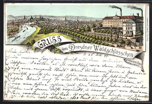 Lithographie Dresden-Neustadt, Gasthaus Dresdner Waldschlösschen, Inh. Johannes Ebert