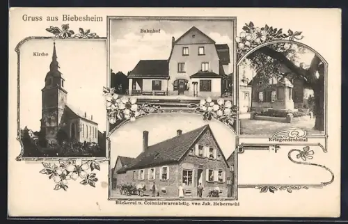 AK Biebesheim, Bahnhof, Bäckerei und Colonialwarenhandlung von Jak. Hebermehl, Kirche