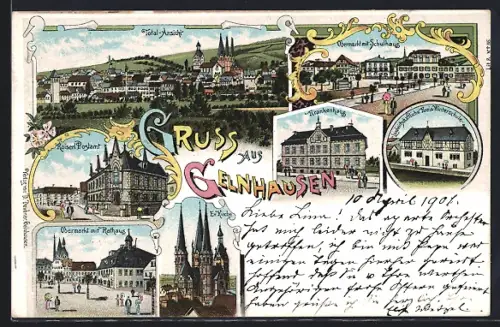 Lithographie Gelnhausen, Krankenhaus, Kaiserl. Postamt, Obermarkt mit Rathaus, Ev. Kirche, Obermarkt mit Schulhaus
