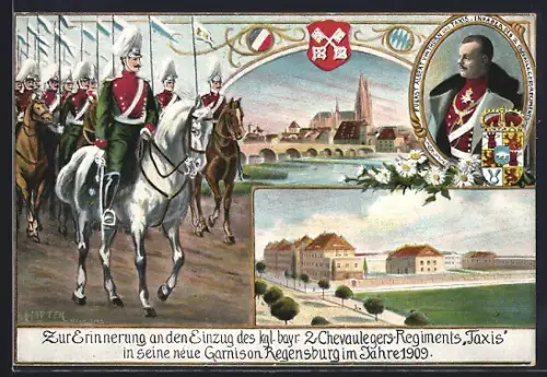 Künstler-AK Regensburg, Einzug des Kgl. Bayr. 2. Chevauleger-Regiments Taxis in seine Garnison
