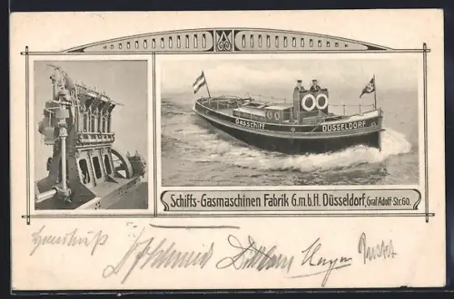 AK Düsseldorf, Gasschiff Düsseldorf der Schiffs-Gasmaschinen Fabrik G.m.b.H. Düsselfdorf in der Graf Adolf-Str. 60