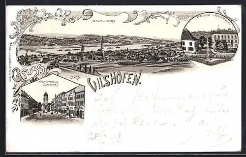 Lithographie Vilshofen, Amtsgericht u. Kriegerdenkmal, Hauptstrasse m. Stadtthurm, Ansicht von Westen